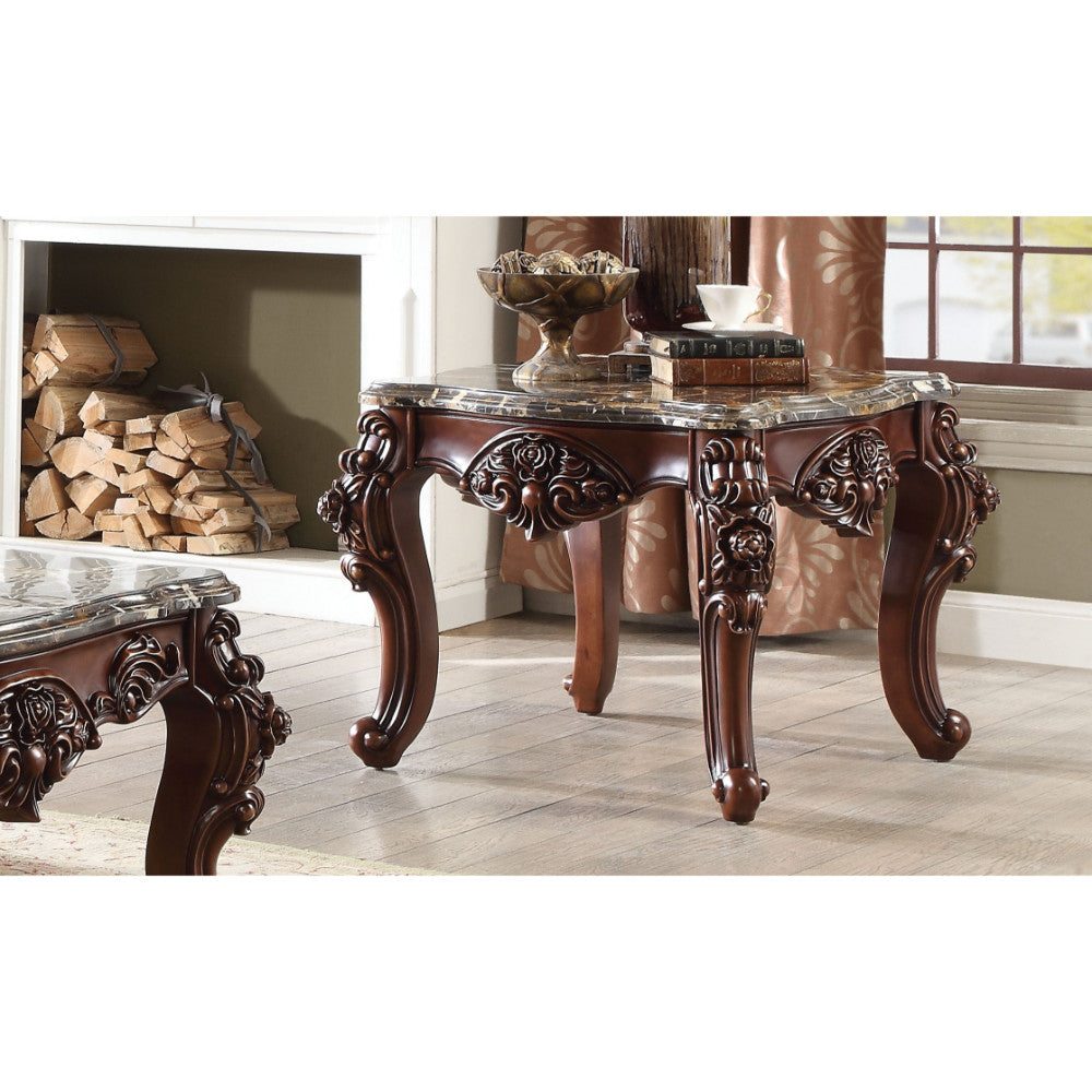 Scalloped Marble Top End Table With Carved Floral Motifs, Walnut Brown By Benzara | End Tables | Modishstore