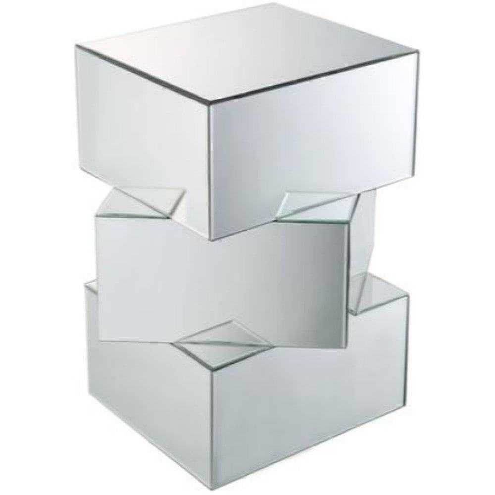 Mirror And Glass End Table With Unique Geometrical Base Design, Silver By Benzara | End Tables | Modishstore