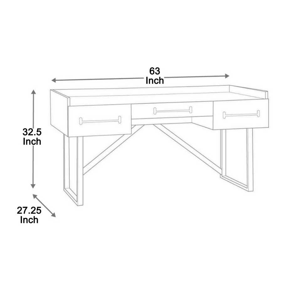 Three Drawers Wooden Desk With Tubular Metal Base And Bar Handles, Brown And Black By Benzara | Desks | Modishstore - 5