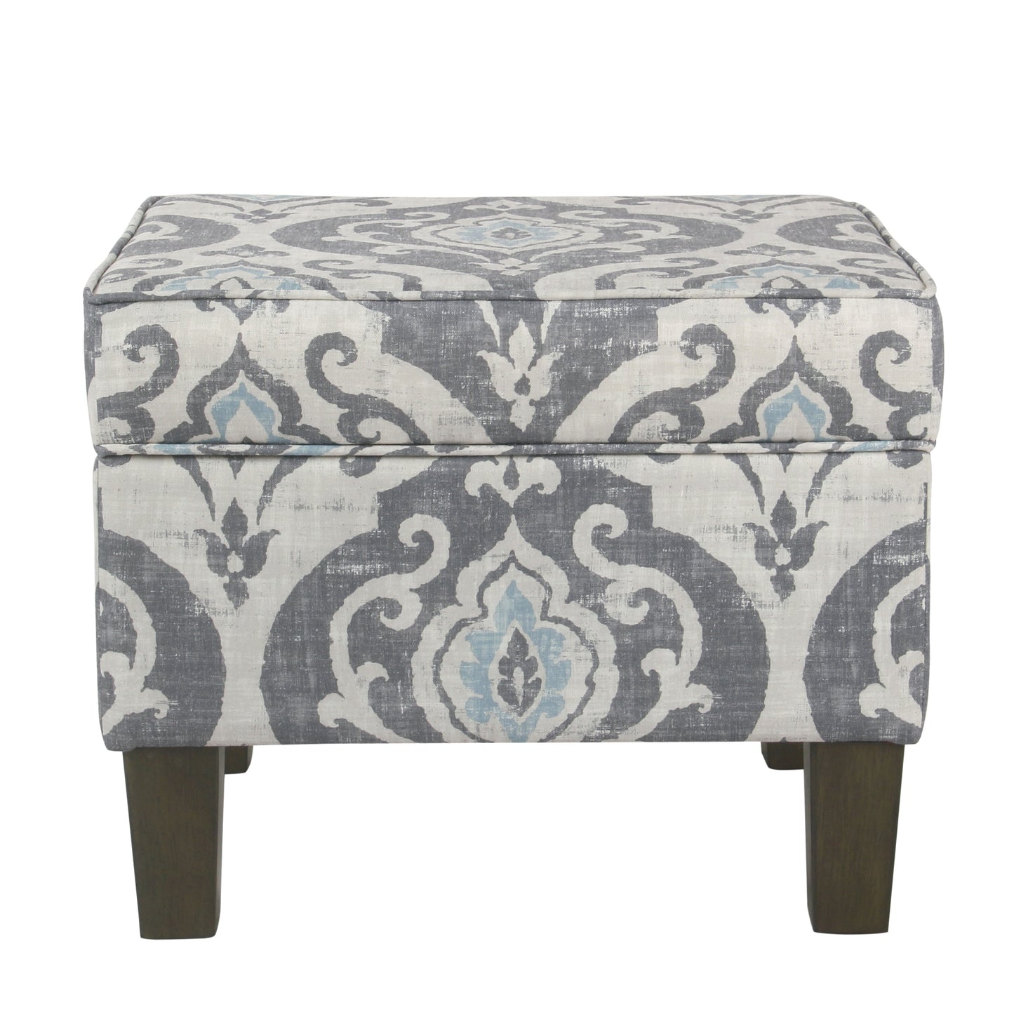 Wooden Ottoman With Patterned Fabric Upholstery And Hidden Storage, Gray And Blue By Benzara | Ottomans | Modishstore