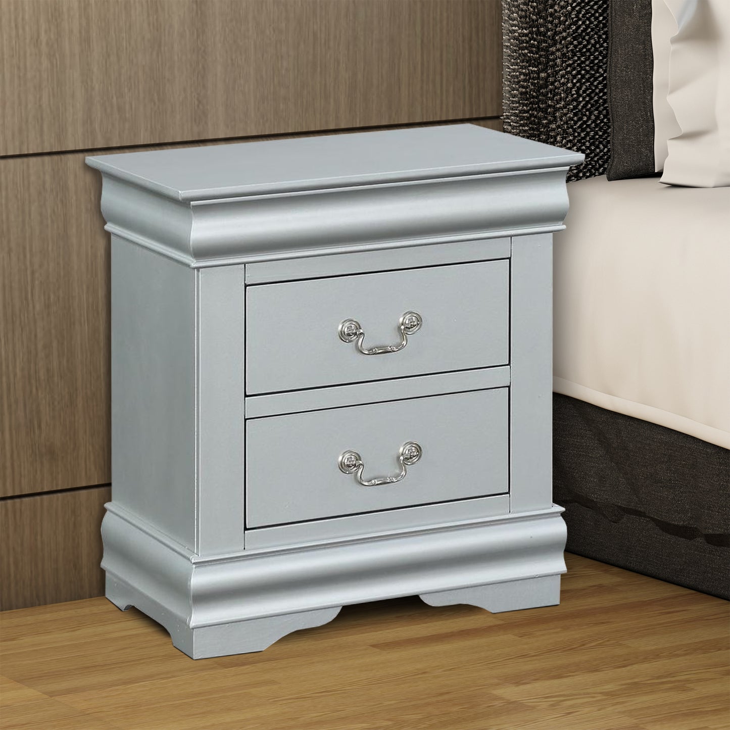 Traditional Style Wooden Nightstand With Two Drawers And Bracket Base, Gray By Benzara | Nightstands | Modishstore - 2