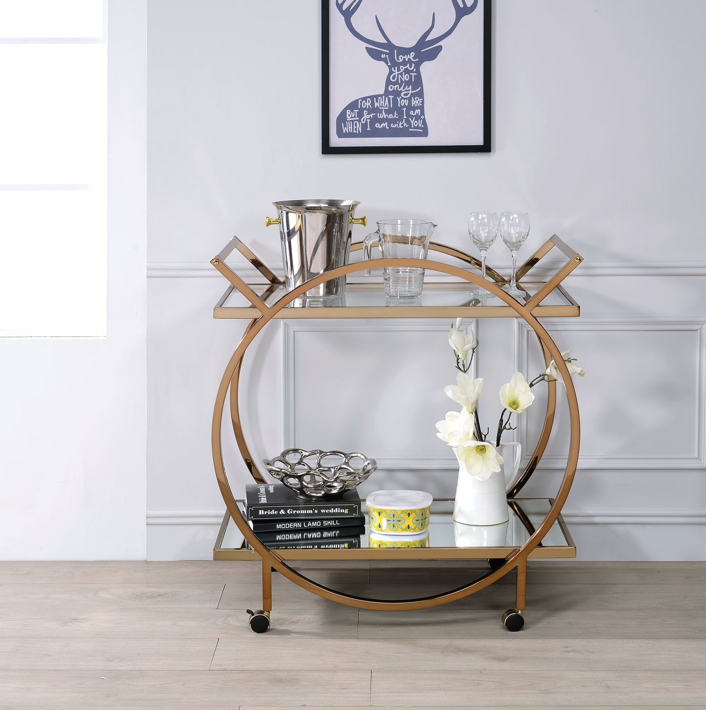 Metal Serving Cart With Mirrored Open Shelf And Tubular Angled Handles, Gold And Clear By Benzara | Bar Carts | Modishstore