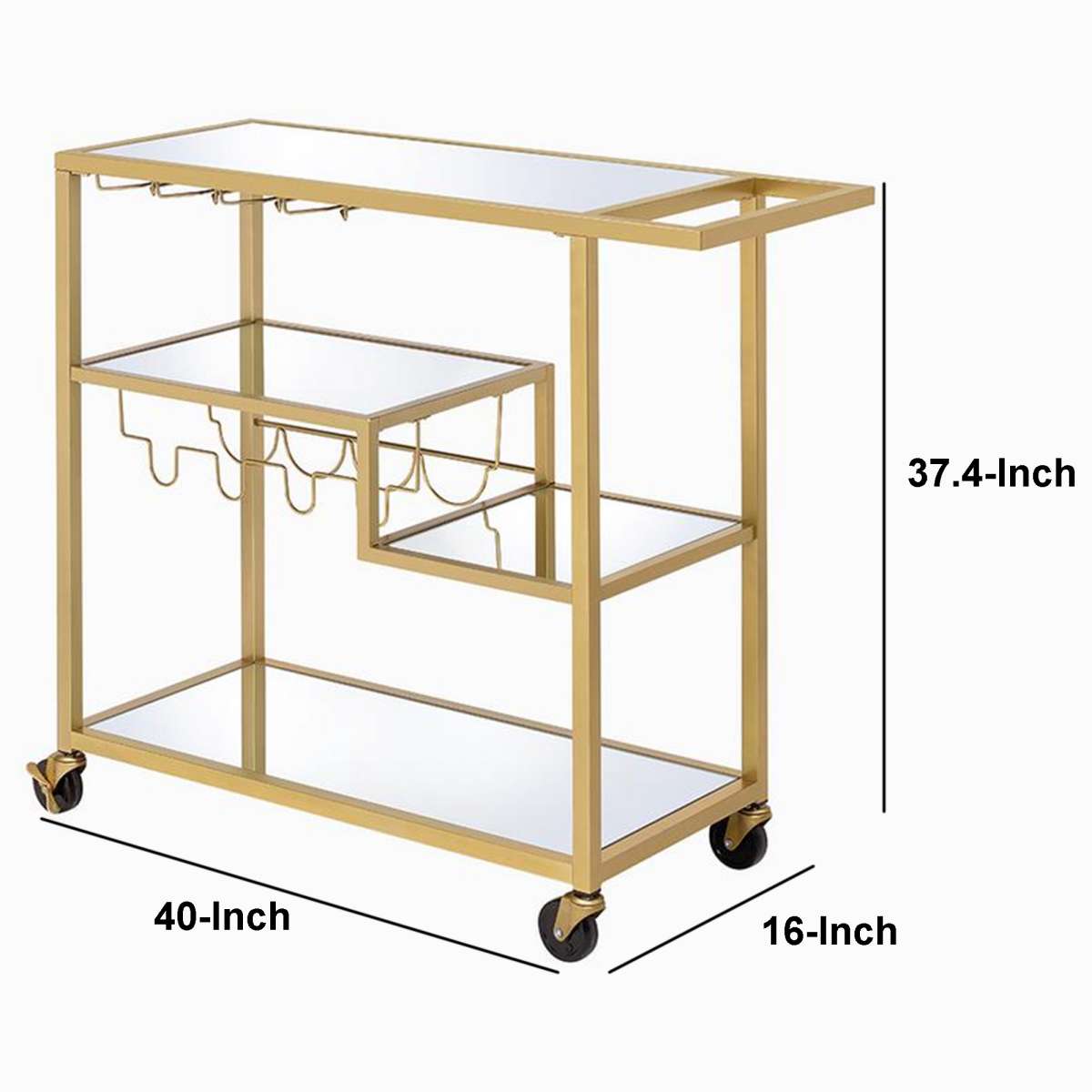 Metal Framed Serving Cart With Wine Bottle Holder And Stemware, Gold And Clear By Benzara | Bar Carts | Modishstore - 6