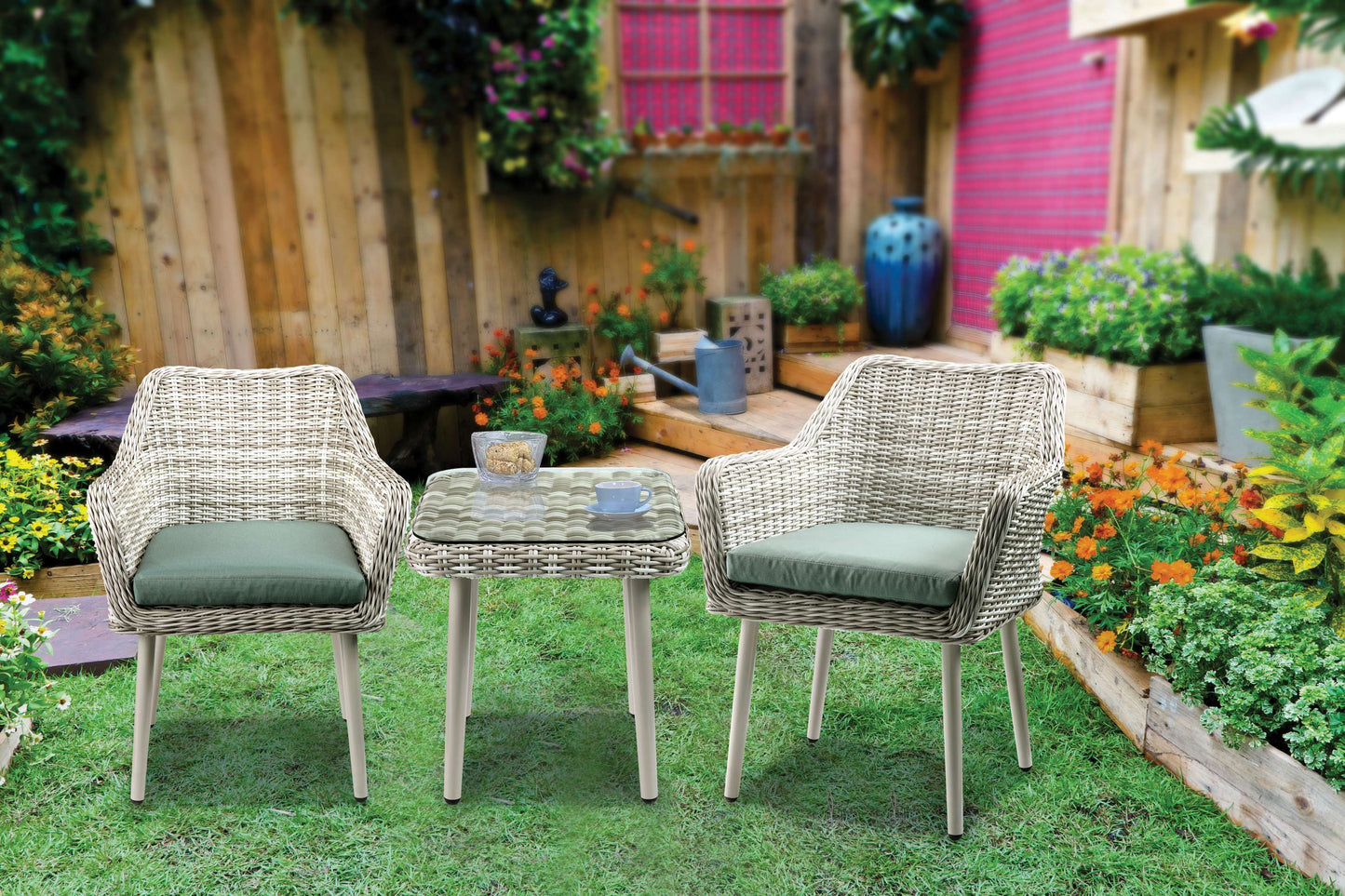 Resin Wicker And Metal Patio Bistro Set With Two Chairs And Table, Beige And Green, Set Of Three By Benzara | Outdoor Patio | Modishstore