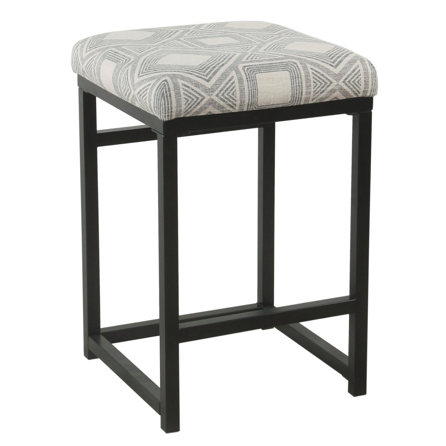 Metal Counter Stool With Geometric Pattern Fabric Upholstered Seat, Gray And Black By Benzara | Bar Stools & Table | Modishstore