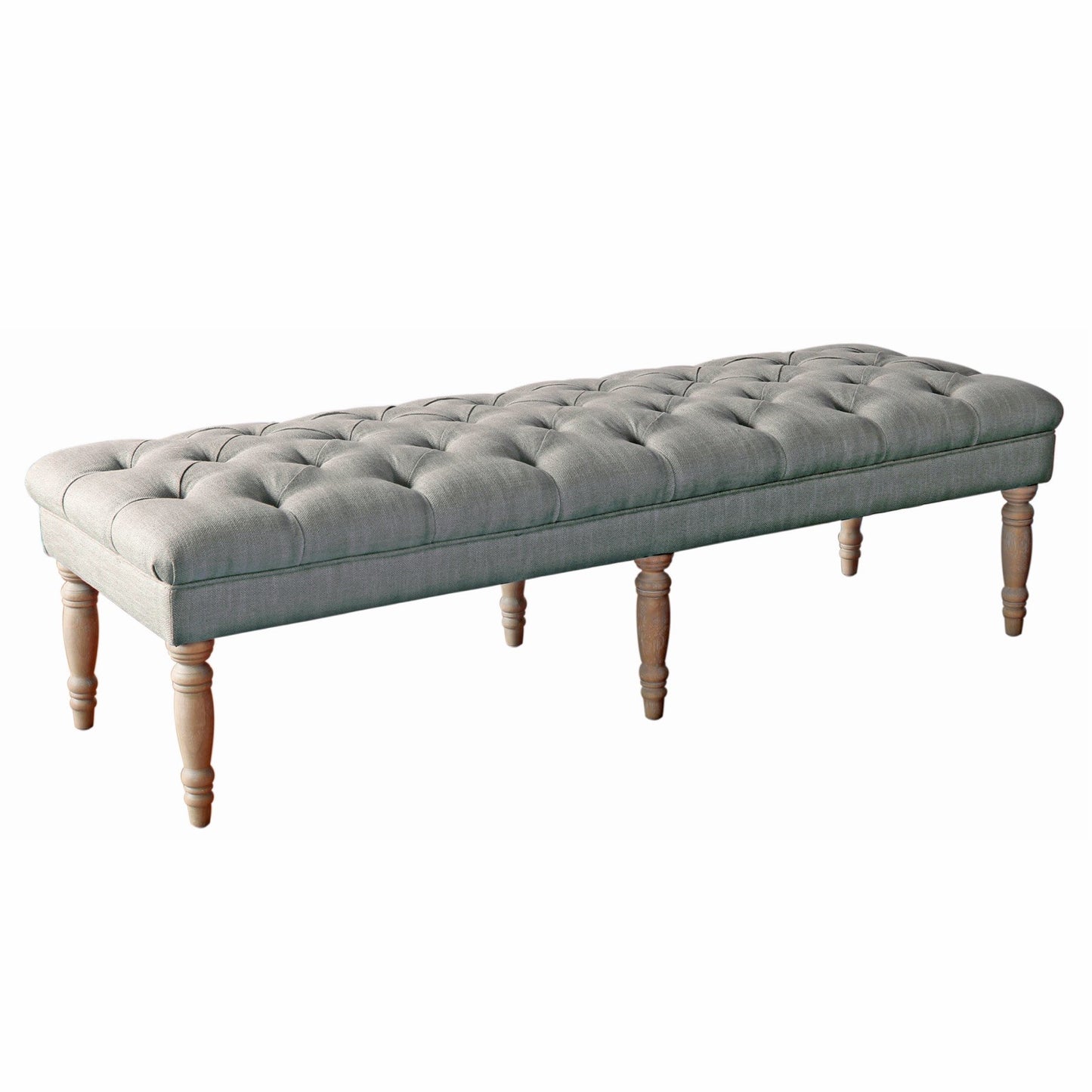 Wooden Bench With Button Tufted Fabric Upholstered Seat And Turned Legs, Gray By Benzara | Benches | Modishstore