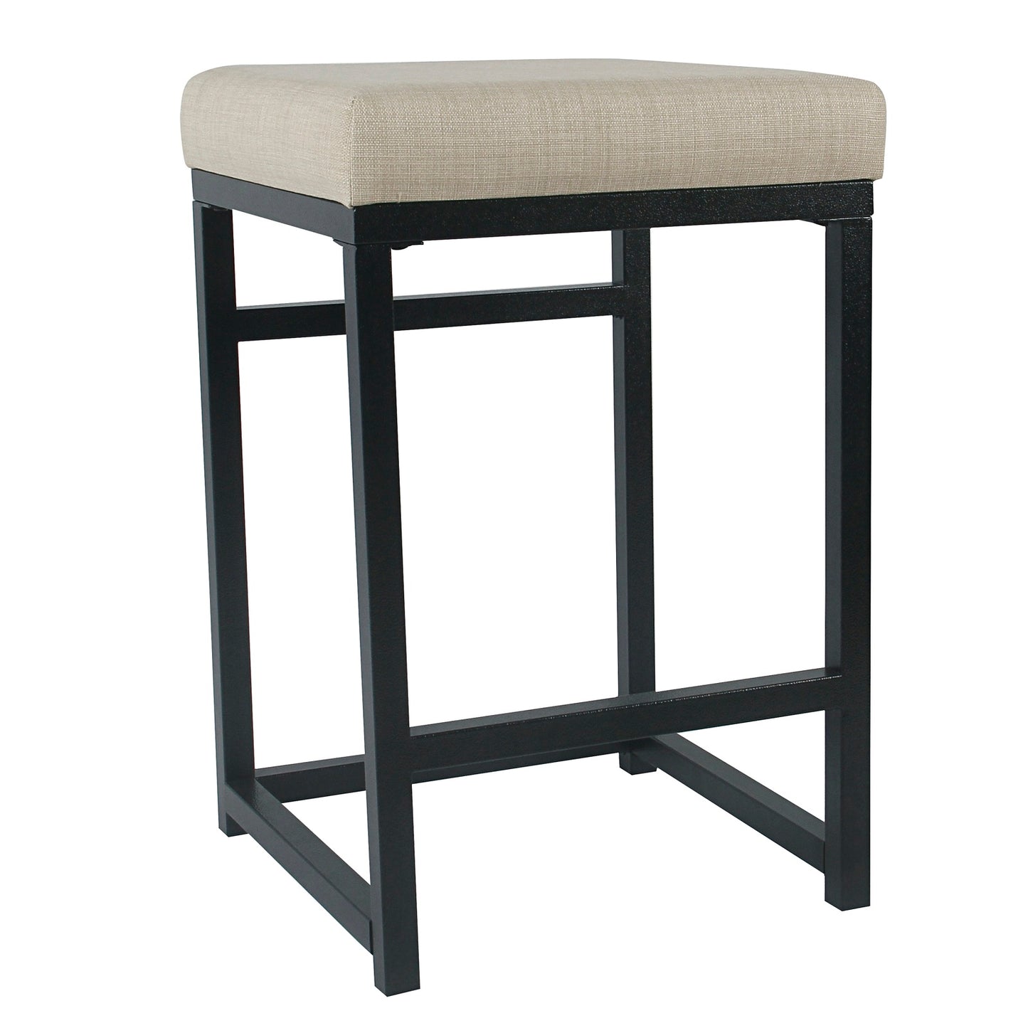 Open Back Metal Counter Stool With Fabric Upholstered Padded Seat, Beige And Black By Benzara | Bar Stools & Table | Modishstore