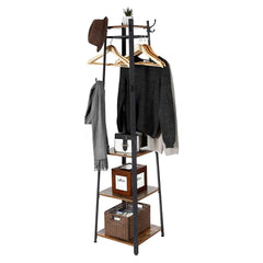 Metal Framed Ladder Style Coat Rack With Three Wooden Shelves, Brown And Black By Benzara