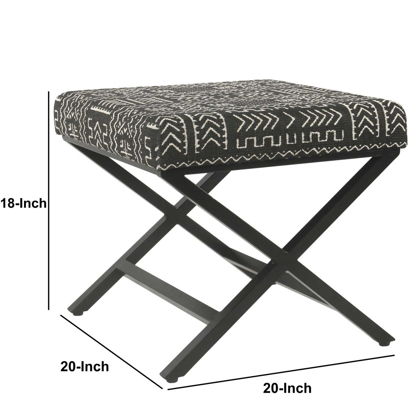 Tribal Pattern Fabric Upholstered Ottoman With X Shape Metal Legs, Black And Cream By Benzara | Ottomans | Modishstore - 5