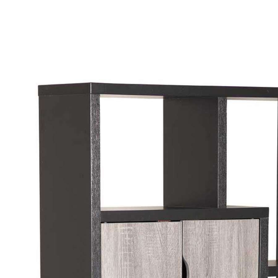 Wooden Bookcase With 4 Doors And 6 Shelves, Black And Distressed Gray By Benzara | Bookcases | Modishstore - 5