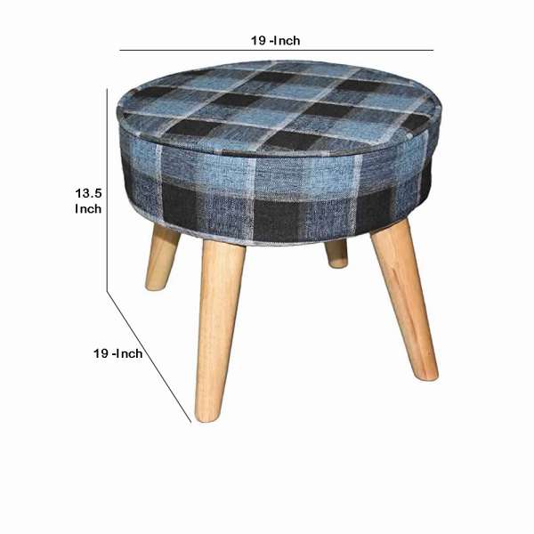 Fabric Upholstered Wooden Footstool With Dowel Legs, Blue And Brown By Benzara | Stools | Modishstore - 5