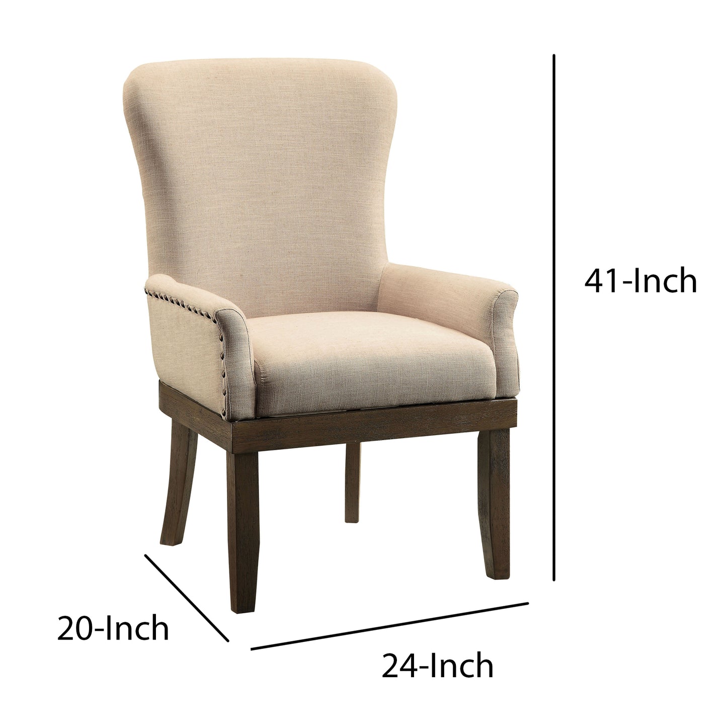Wooden Arm Chair With Wing Back And Nailhead Trims, Beige And Brown By Benzara | Armchairs | Modishstore - 6