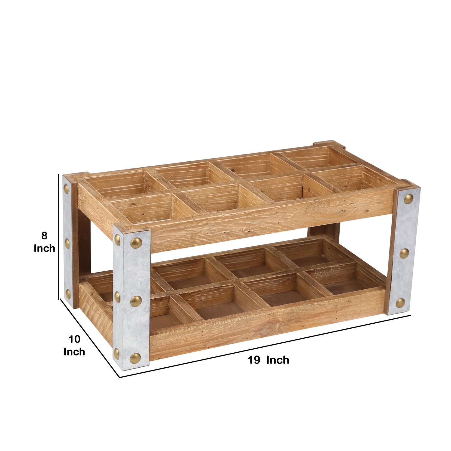 Rectangular Metal 8 Bottle Wooden Wine Rack, Brown And Silver By Benzara | Wine Racks | Modishstore - 6