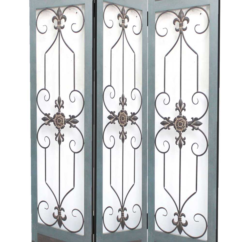 Transitional 3 Panel Screen With Iron Motif Panels, Gray By Benzara | Room Divider | Modishstore - 5