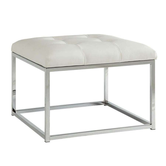 Leatherette Metal Frame Ottoman With Tufted Seating, White And Silver By Benzara | Ottomans |  Modishstore 