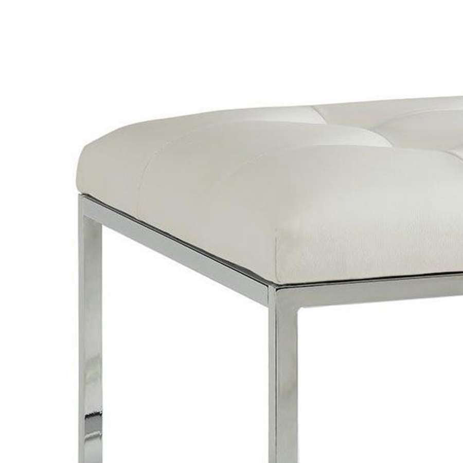 Leatherette Metal Frame Ottoman With Tufted Seating, White And Silver By Benzara | Ottomans |  Modishstore  - 4