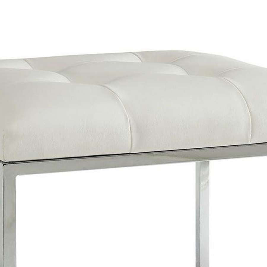 Leatherette Metal Frame Ottoman With Tufted Seating, White And Silver By Benzara | Ottomans |  Modishstore  - 2
