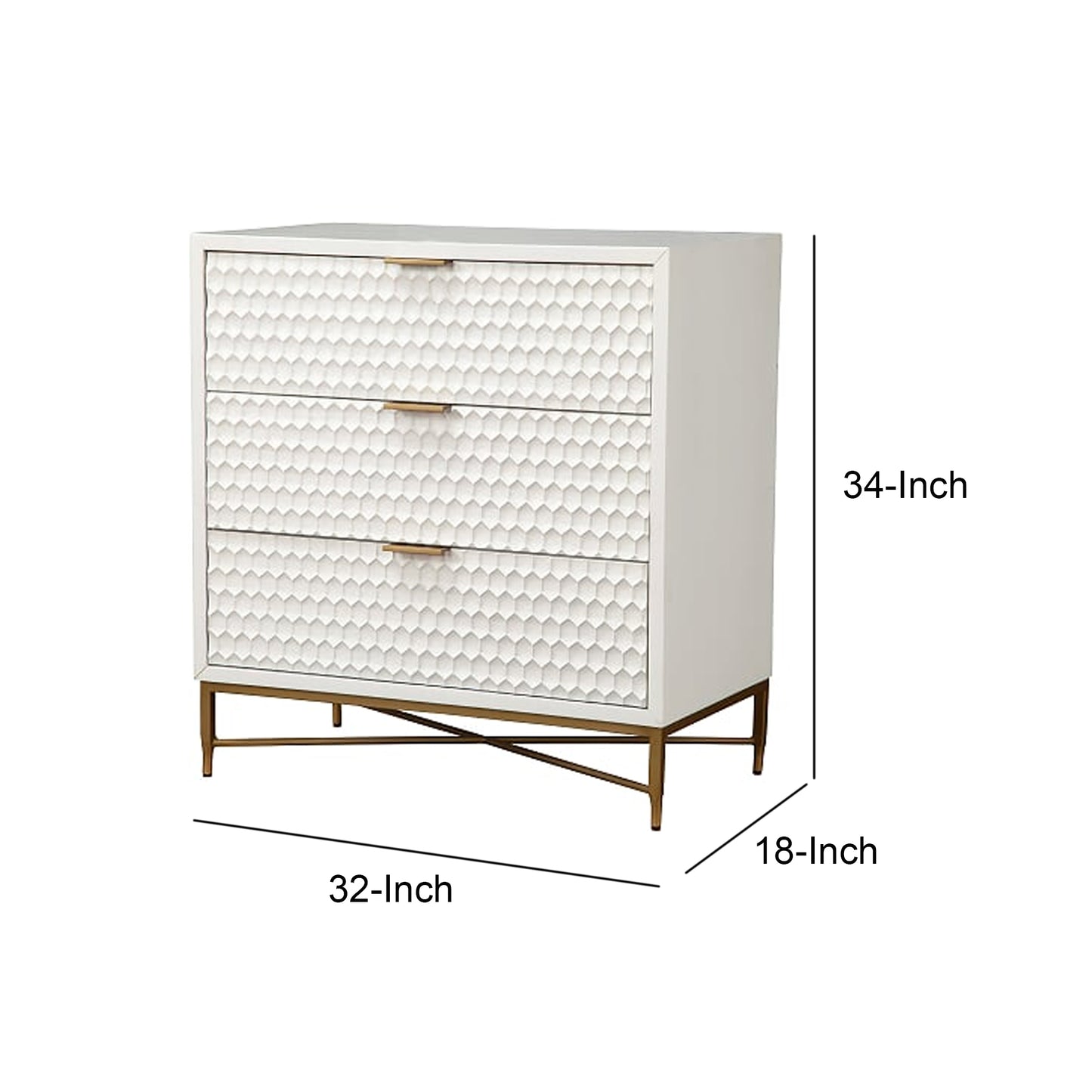 Honeycomb Design 3 Drawer Chest With Metal Legs, Small, White By Benzara | Drawers | Modishstore - 5