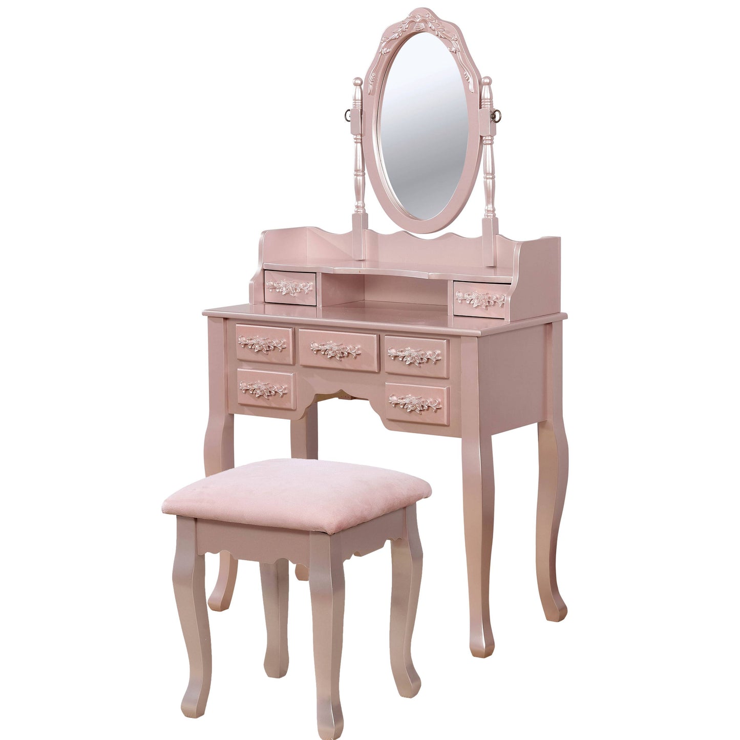 7 Drawers Wooden Frame Vanity Set With Stool And Cabriole Legs, Rose Gold By Benzara | Bedroom Sets | Modishstore
