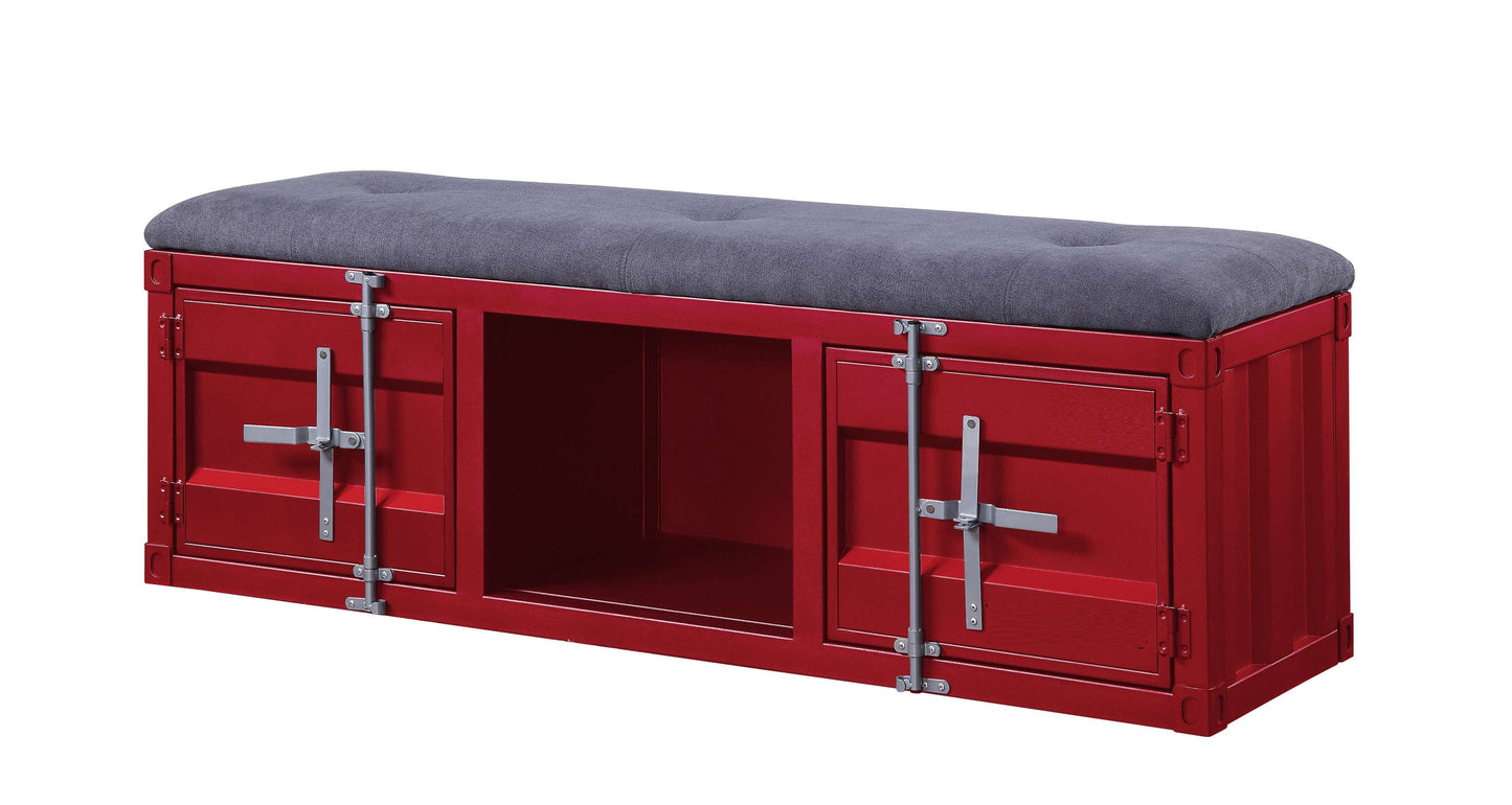2 Metal Door Storage Bench With Open Compartment And Fabric Upholstery, Red By Benzara | Benches | Modishstore