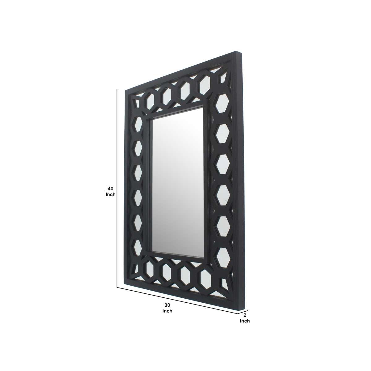 Rectangular Wooden Dressing Mirror With Lattice Pattern Design, Black By Benzara | Mirrors | Modishstore - 5