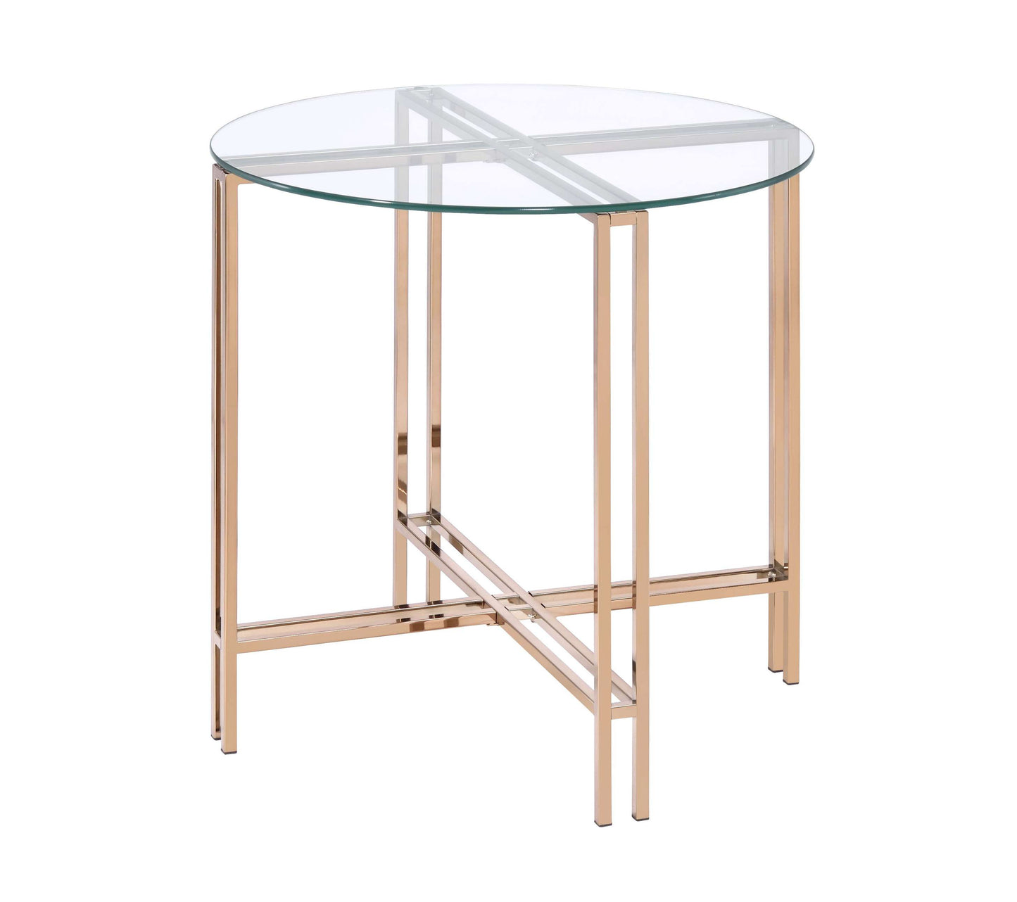 End Table With X Shaped Metal Base And Round Glass Top, Gold By Benzara | Side Tables | Modishstore