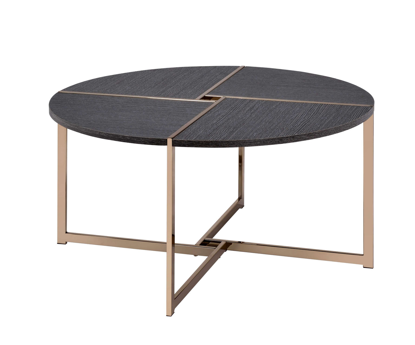 Coffee Table With X Shaped Metal Base And Round Wooden Top, Gold And Gray By Benzara | Coffee Tables | Modishstore
