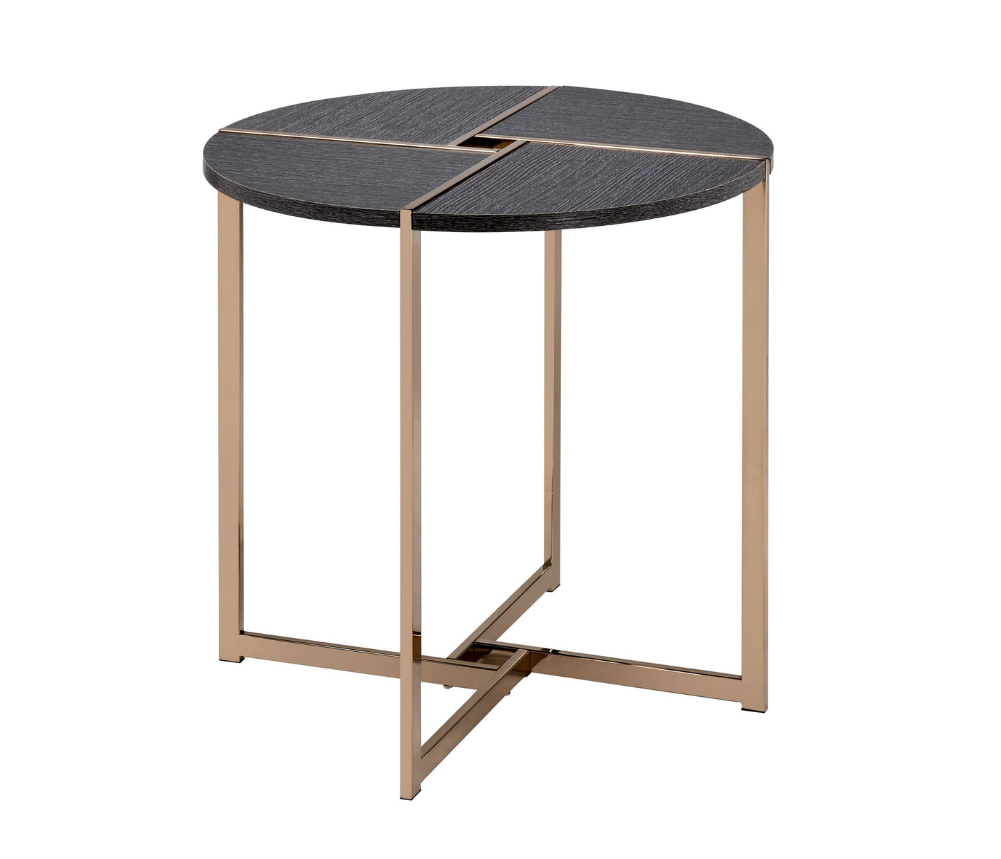 End Table With X Shaped Metal Base And Round Wooden Top, Gold And Gray By Benzara | Side Tables | Modishstore