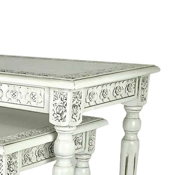 Elegantly Engraved Wooden Frame Nesting Table, Set Of 2, Antique White By Benzara | Nesting Tables | Modishstore - 5