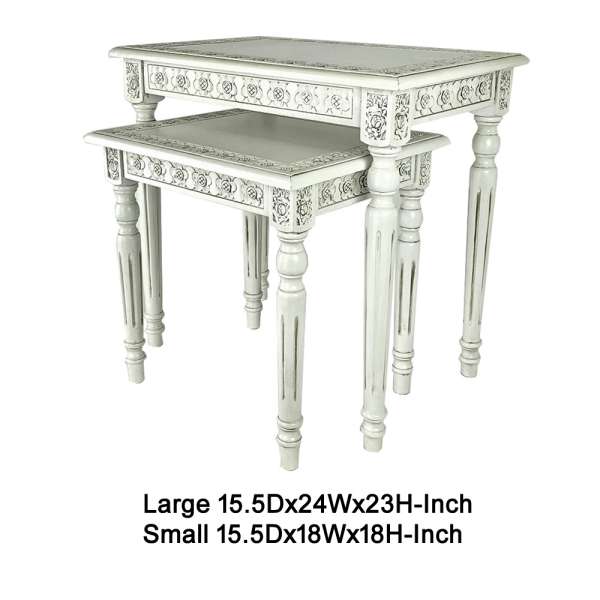 Elegantly Engraved Wooden Frame Nesting Table, Set Of 2, Antique White By Benzara | Nesting Tables |  Modishstore  - 2