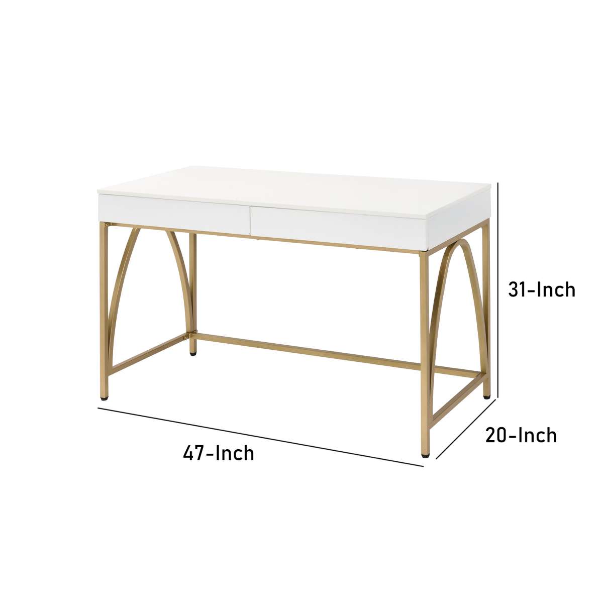 Rectangular Wooden Frame Desk With 2 Drawers And Metal Legs, White And Gold By Benzara | Desks | Modishstore - 5