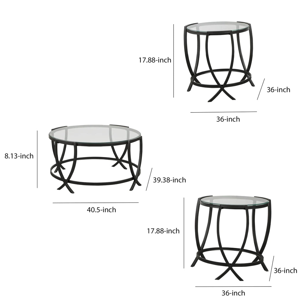 Contemporary Round Table Set With Glass Top And Geometric Metal Body, Black By Benzara | Coffee Tables | Modishstore - 5