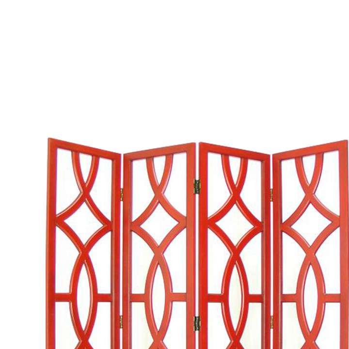 Wooden 4 Panel Room Divider With Open Geometric Design, Red By Benzara | Room Divider | Modishstore - 5