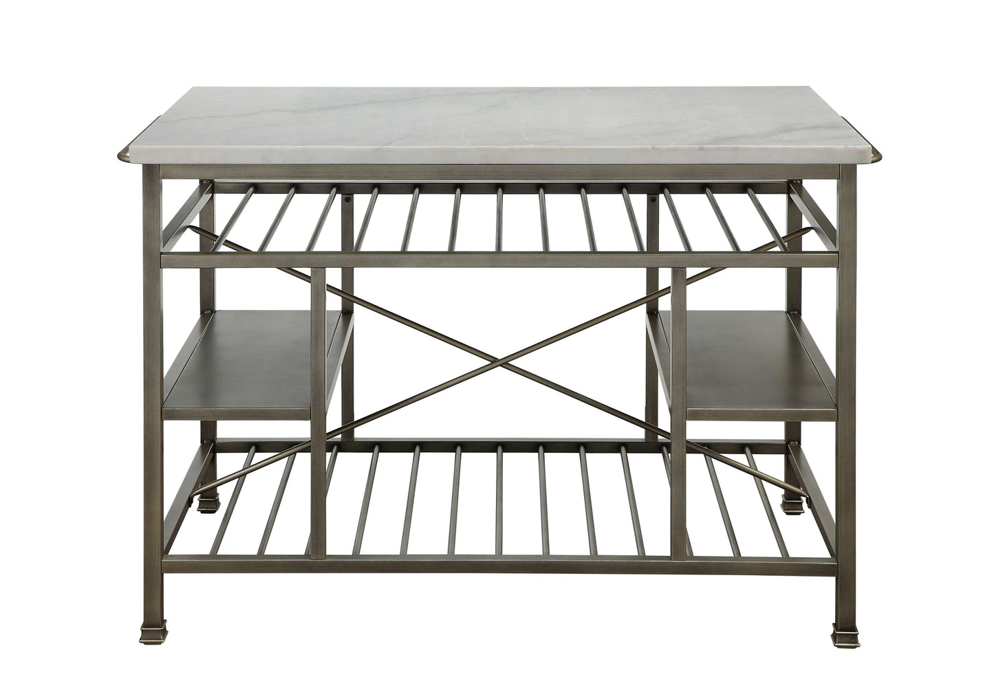 Marble Top Metal Kitchen Island With 2 Slated Shelves, Gray And White By Benzara | Sideboards | Modishstore - 5