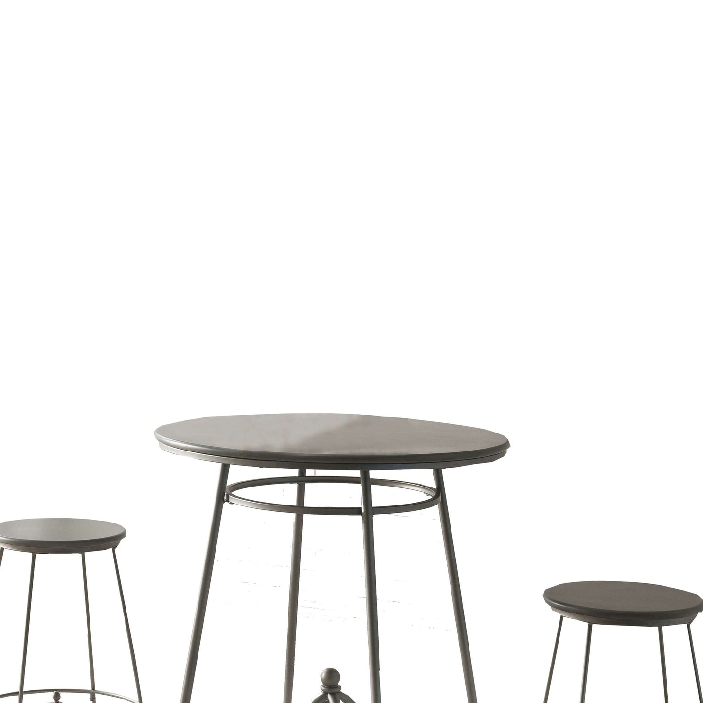 3 Piece Round Top Counter Height Set With Raised Metal Base, Oak Gray By Benzara | Bar Stools & Table | Modishstore - 5