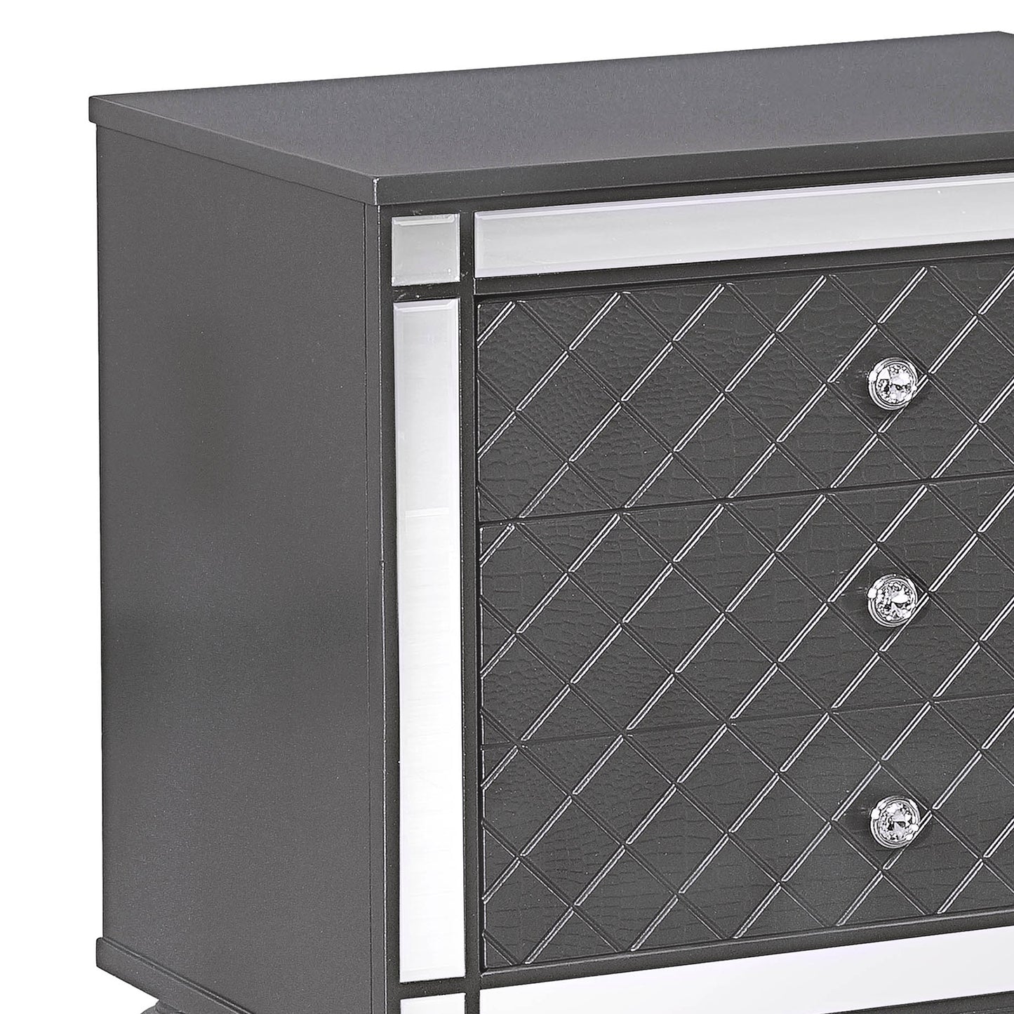 3 Drawer Wooden Nightstand With Diamond Pattern And Mirror Inlay, Gray - Bm215361 By Benzara | Nightstands | Modishstore - 5