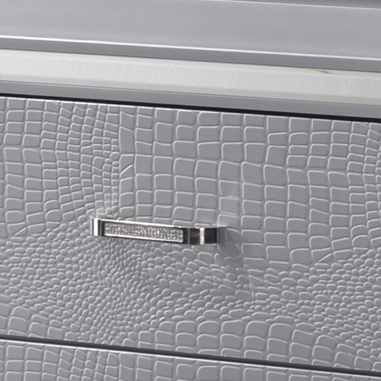 Two Drawer Wooden Nightstand With Textured Details And Mirror Accents, Gray By Benzara | Nightstands | Modishstore - 5