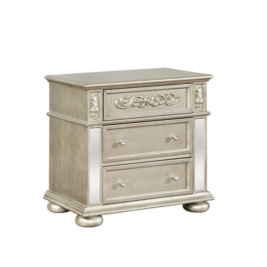 3 Drawers Nightstand With Ornate Carving And Usb Ports, Silver By Benzara | Nightstands | Modishstore