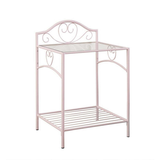 Metal Nightstand With Glass Top And Open Bottom Shelf, Pink And Clear By Benzara | Nightstands |  Modishstore 