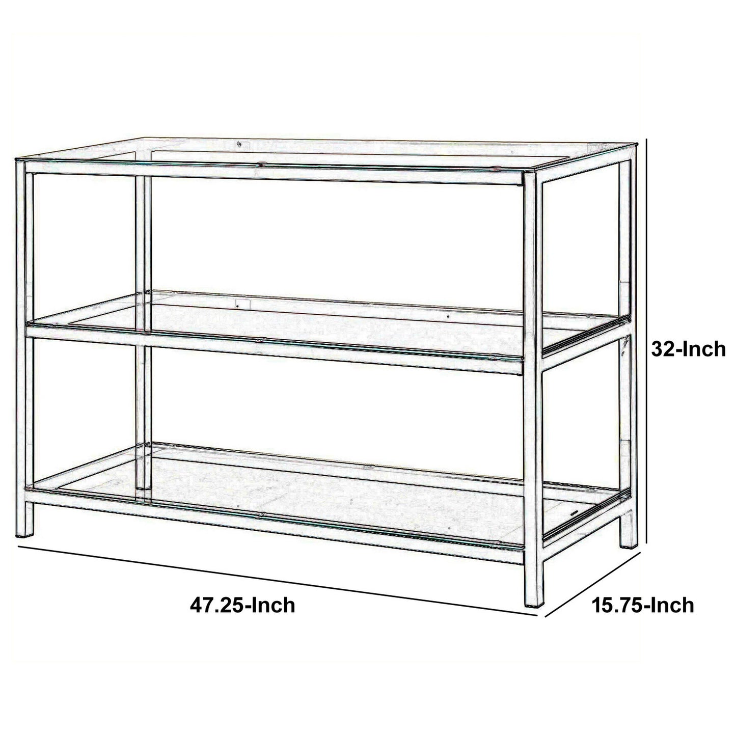 Glass And Metal Frame Sofa Table With 2 Open Shelves, Silver And Clear By Benzara | End Tables | Modishstore - 5