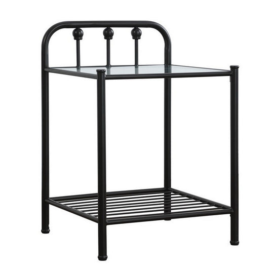 Metal Nightstand With Glass Top And Slated Open Bottom Shelf, Black By Benzara | Nightstands | Modishstore