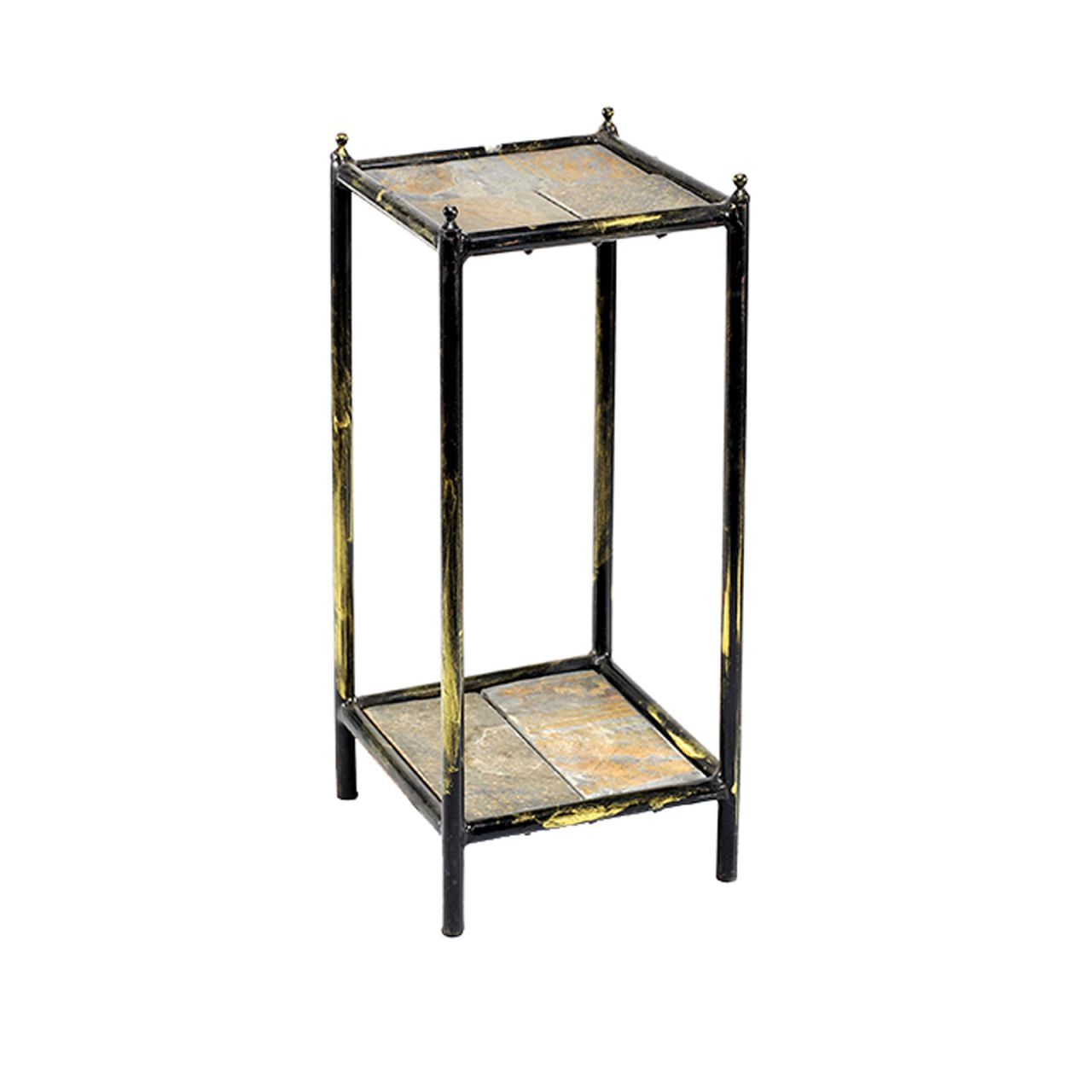 2 Tier Square Stone Top Plant Stand With Metal Frame, Small, Black And Gray By Benzara | Side Tables | Modishstore - 6