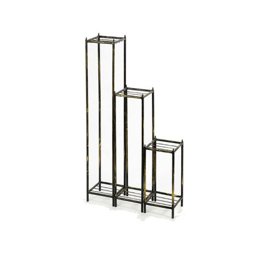 2 Tier Square Slatted Top Plant Stand, Set Of 3, Black And Gold By Benzara | Side Tables |  Modishstore 