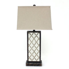 Rock Base Table Lamp With Drum Shade And Quatrefoil Pattern,Brown By Benzara