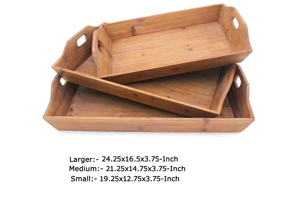 Rectangular Wooden Serving Tray With Cut Out Handles, Set Of 3, Brown By Benzara | Trays & Pedestals | Modishstore - 5