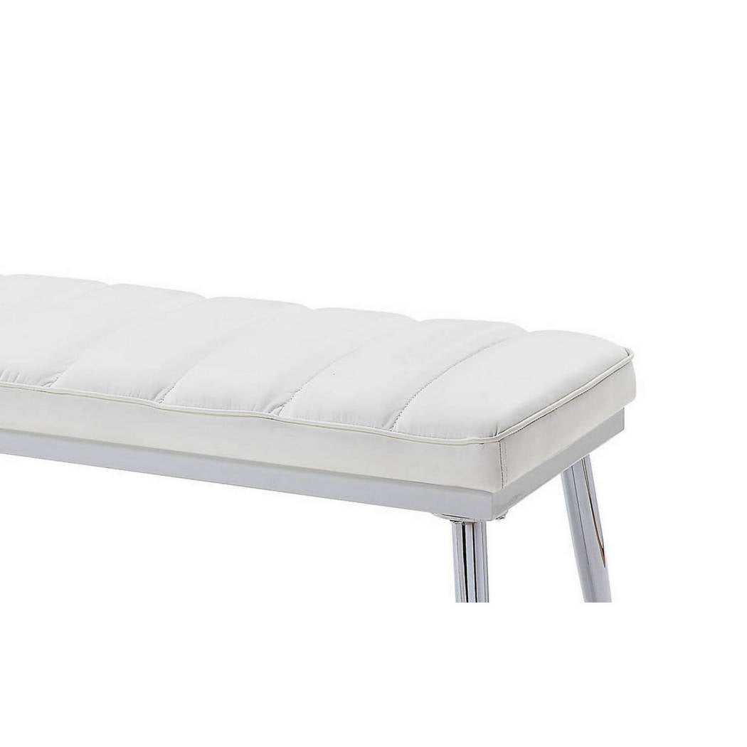 Metal And Faux Leather Bench With Vertical Chanel Tufts, White And Chrome By Benzara | Benches | Modishstore - 5