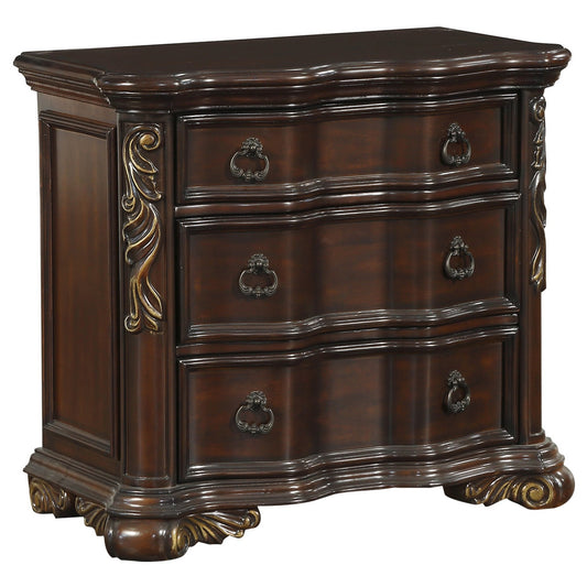3 Drawer Nightstand With Carved Pilaster And Bracket Feet, Cherry Brown By Benzara | Nightstands | Modishstore