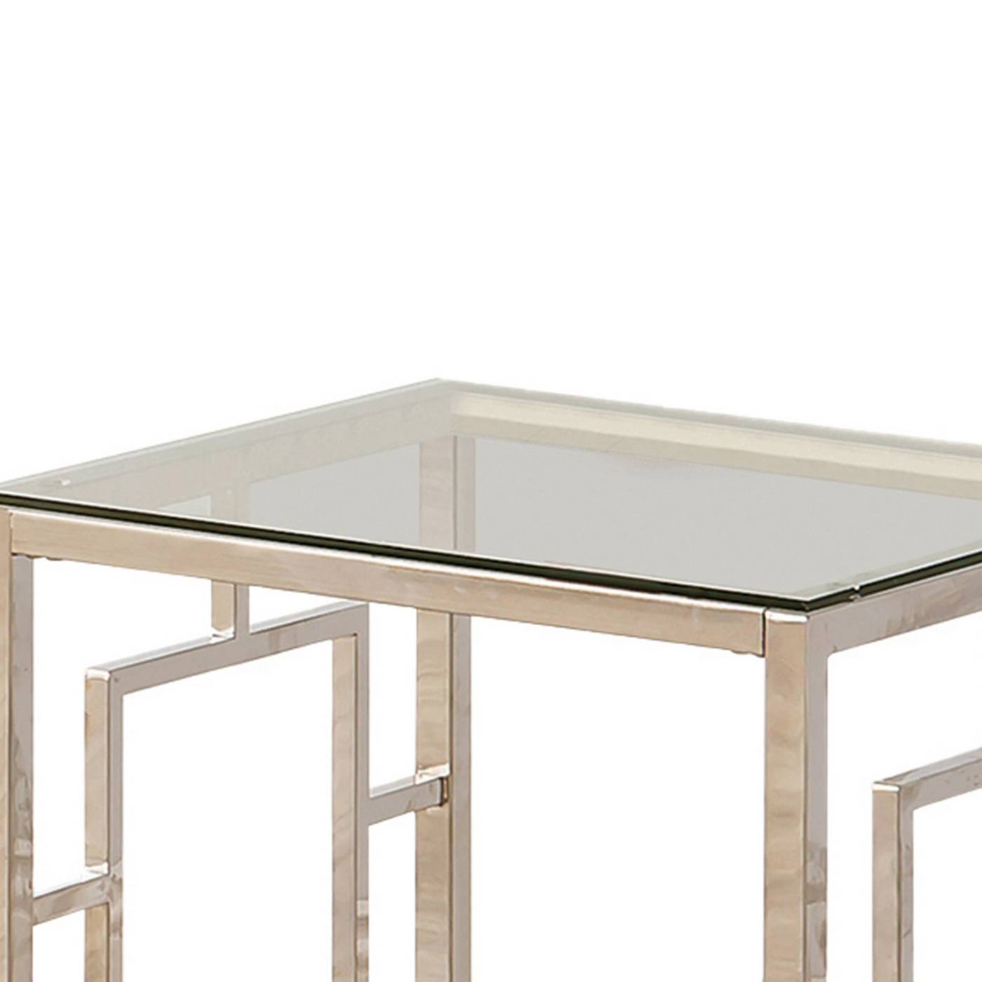 Tempered Glass Top End Table With Lattice Cut Out Panels, Silver And Clear By Benzara | End Tables | Modishstore - 5