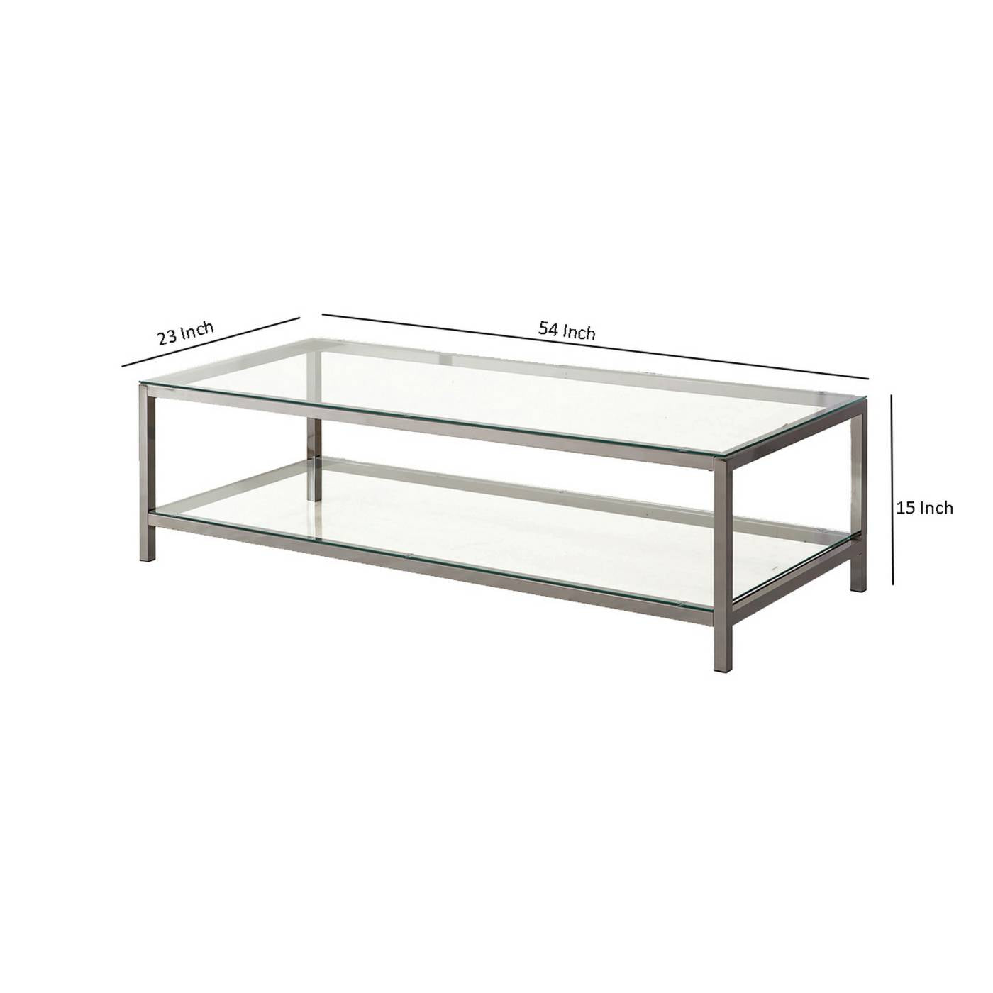 Glass Top Coffee Table With Metal Frame And Open Shelf, Silver By Benzara | Coffee Tables | Modishstore - 5