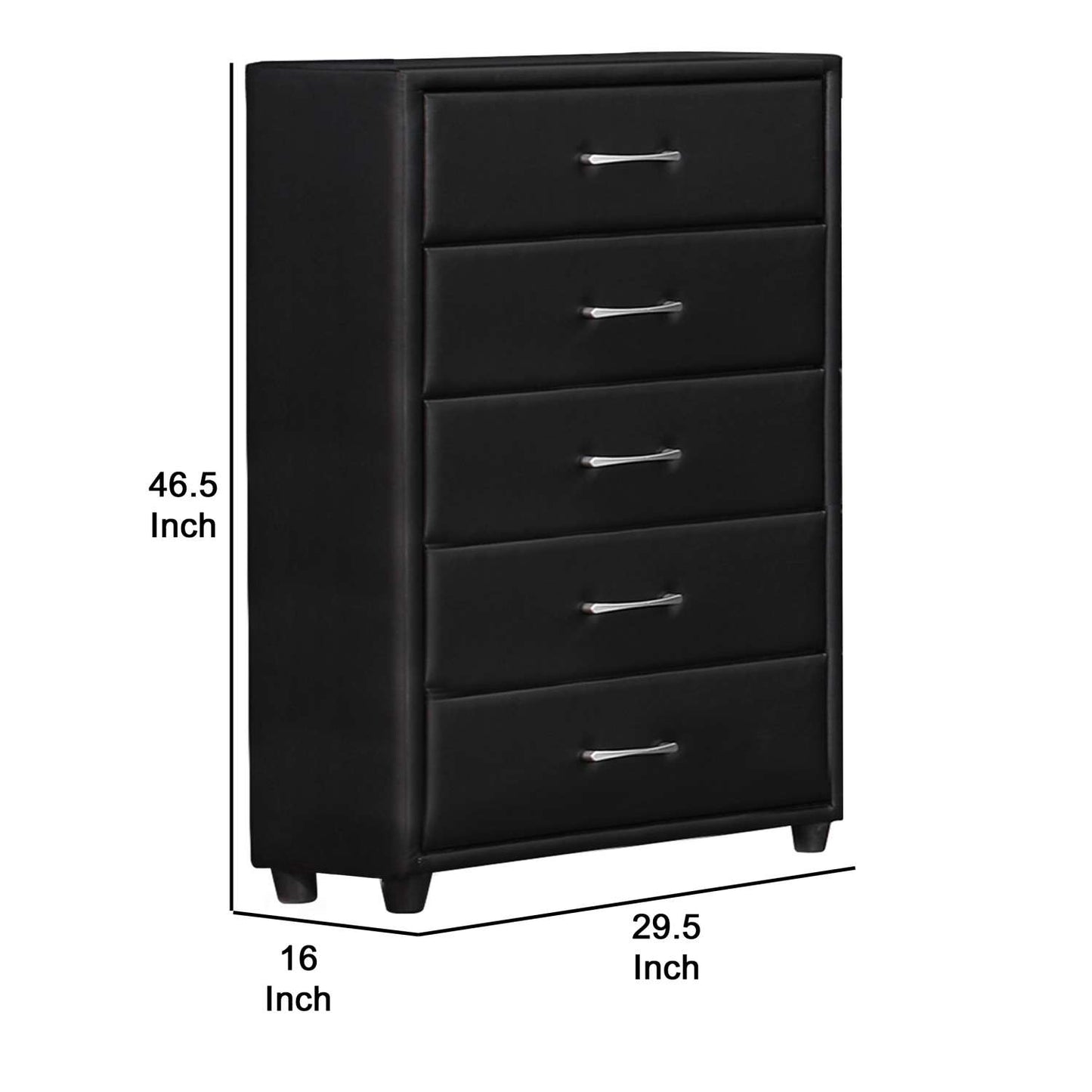 5 Drawer Leatherette Wooden Frame Chest With Tapered Legs, Black By Benzara | Cabinets | Modishstore - 5